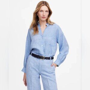 Madewell Shirred Button-Up Shirt in Linen-C Sun Faded Blue Size Lg NWT